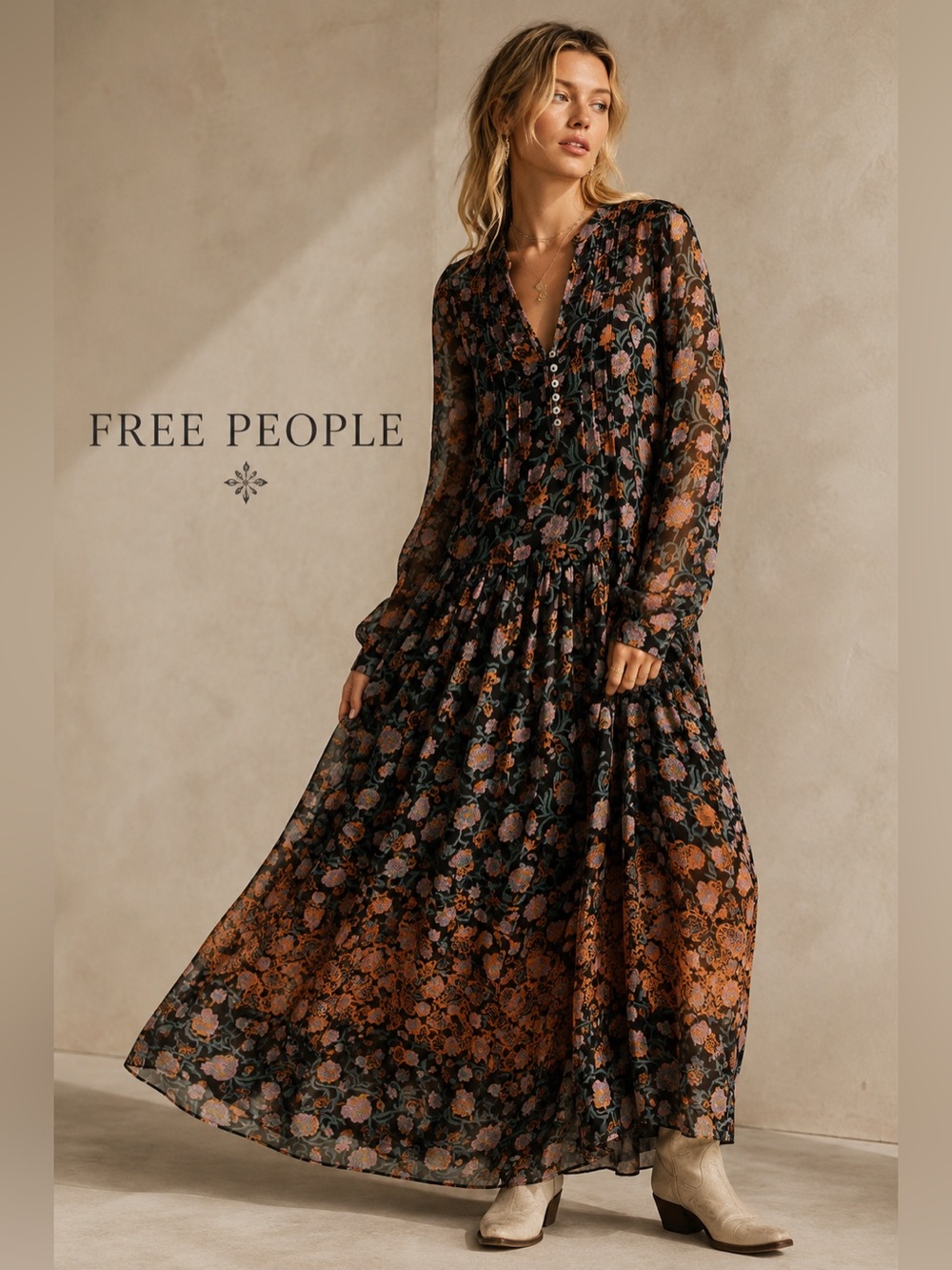 Free People See It Through Floral Long Sleeve Maxi Dress Black XS Boho